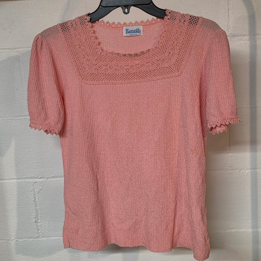 Vintage 70s Keneth Knits Pink Metallic Crochet Lace Square Neck Short Sleeve Top